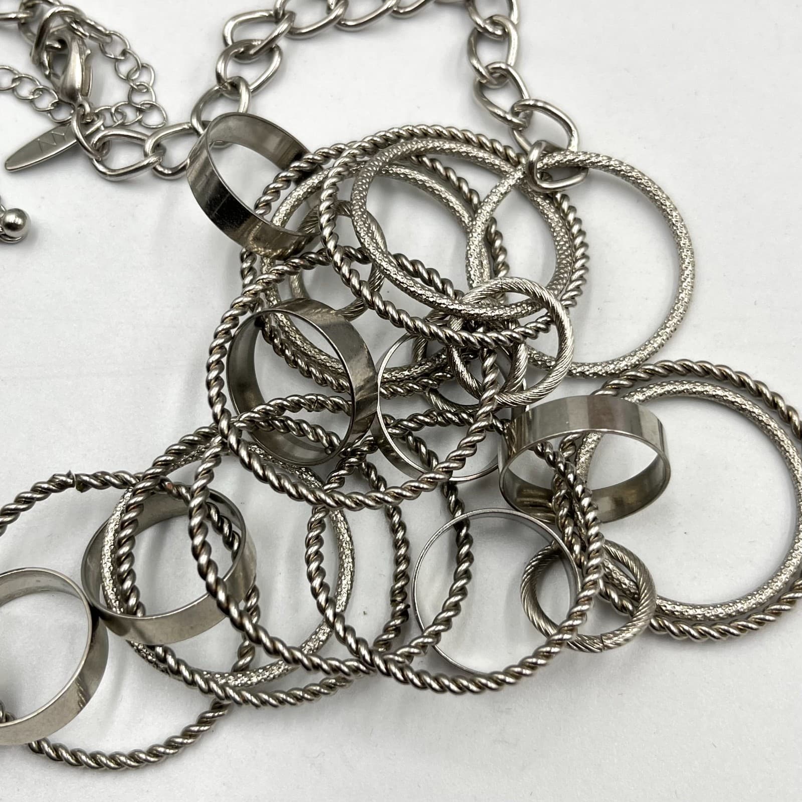 VTG New York & Co. Silver Tone Mixed Textured Multi-Ring Statement Necklace Long - Thumbnail 4