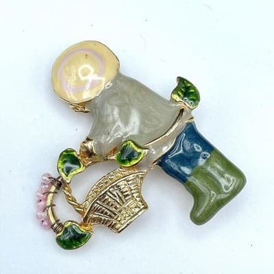 Vintage Enamel Gardener Girl Brooch Gold Tone Cute Spring Whimsical
