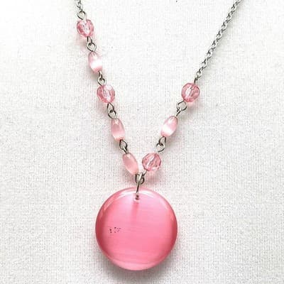 Vintage Silver-tone chain necklace with round pink pendant and accent beads 23In