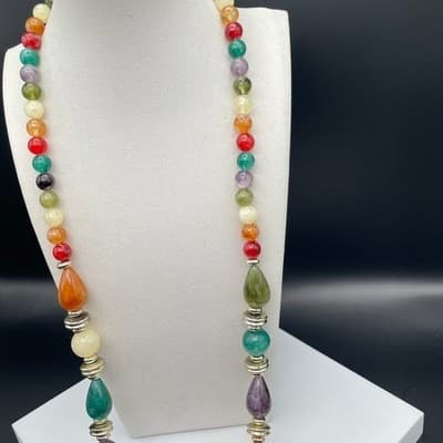 Vintage Long multi color bead necklace gold-tone spacers Teardrop 30 Inch - Thumbnail 8