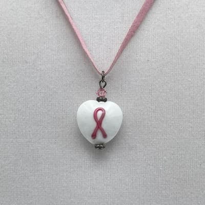 Vinatge Pink Ribbon Porcelain Heart Pendant Necklace Suede Cord Toggle - Thumbnail 3