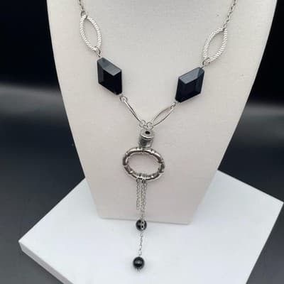 Vintage Silver Tone Black Bead Geometric Pendant Necklace Y2K Statement - Thumbnail 3