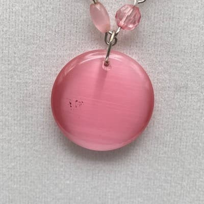 Vintage Silver-tone chain necklace with round pink pendant and accent beads 23In - Thumbnail 6