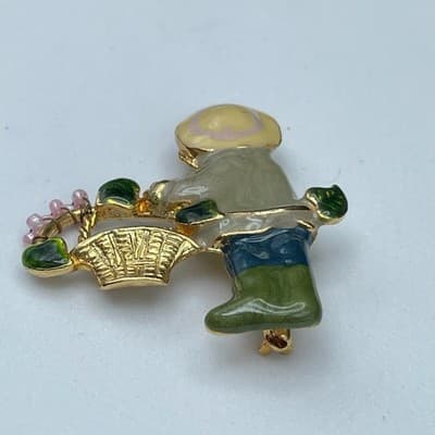 Vintage Enamel Gardener Girl Brooch Gold Tone Cute Spring Whimsical - Thumbnail 2