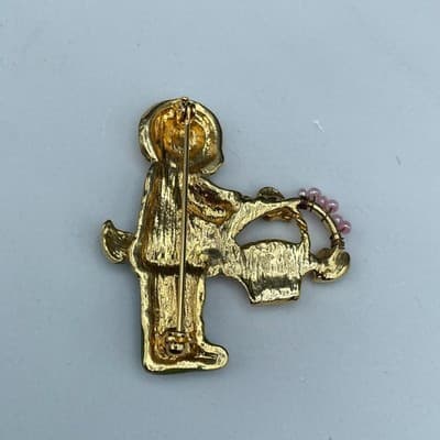 Vintage Enamel Gardener Girl Brooch Gold Tone Cute Spring Whimsical - Thumbnail 4