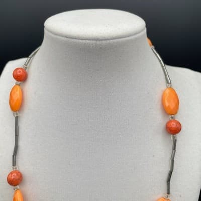 Vintage Long Necklace Orange Acrylic Resin Tube Beads Silver Tone Modern Boho - Thumbnail 3