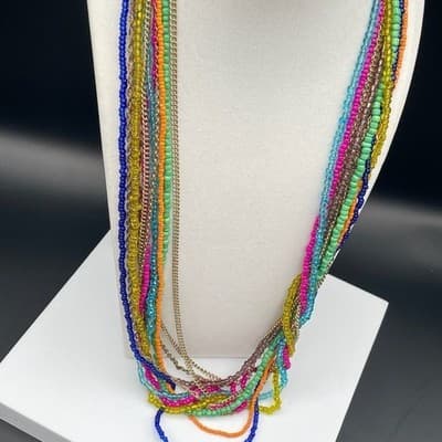 Vintage Multi-Strand Seed Bead Chain Charm Necklace Bohemian Hippie Jewelry - Thumbnail 6