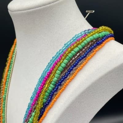 Vintage Multi-Strand Seed Bead Chain Charm Necklace Bohemian Hippie Jewelry - Thumbnail 8