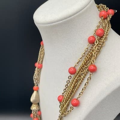 Vintage Multi-strand gold-tone chain necklace with red beads and tassel accents - Thumbnail 8