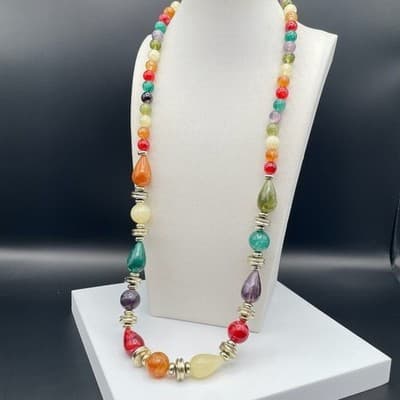 Vintage Long multi color bead necklace gold-tone spacers Teardrop 30 Inch - Thumbnail 10