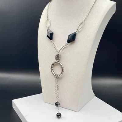 Vintage Silver Tone Black Bead Geometric Pendant Necklace Y2K Statement - Thumbnail 2