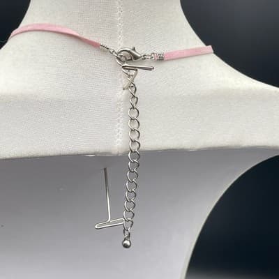 Vinatge Pink Ribbon Porcelain Heart Pendant Necklace Suede Cord Toggle - Thumbnail 8