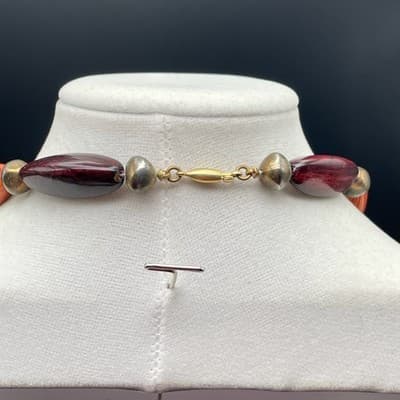 Vintage Orange & Burgundy Beaded Necklace Gold Tone Autumn Boho Style - Thumbnail 9