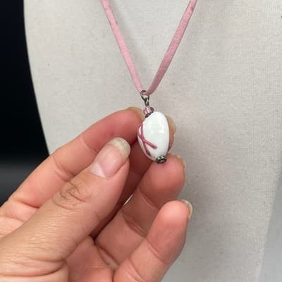 Vinatge Pink Ribbon Porcelain Heart Pendant Necklace Suede Cord Toggle - Thumbnail 6