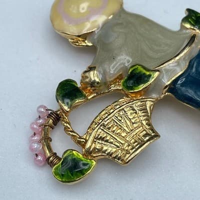 Vintage Enamel Gardener Girl Brooch Gold Tone Cute Spring Whimsical - Thumbnail 3