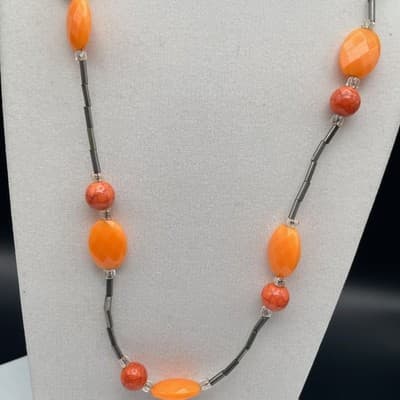 Vintage Long Necklace Orange Acrylic Resin Tube Beads Silver Tone Modern Boho - Thumbnail 4