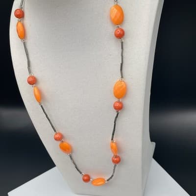 Vintage Long Necklace Orange Acrylic Resin Tube Beads Silver Tone Modern Boho - Thumbnail 7