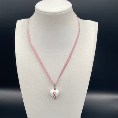 Vinatge Pink Ribbon Porcelain Heart Pendant Necklace Suede Cord Toggle - Thumbnail 2
