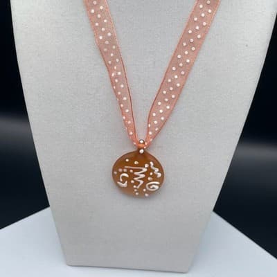 Amber & white swirled round glass pendant necklace on sheer polka dot ribbon - Thumbnail 6