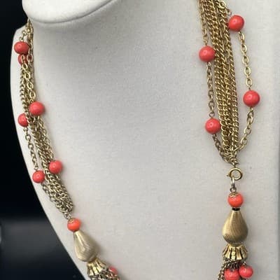 Vintage Multi-strand gold-tone chain necklace with red beads and tassel accents - Thumbnail 7