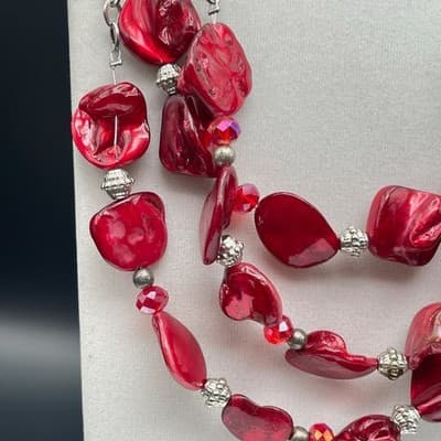 Vintage Statement Multi-Strand Red Irregular Resin Bead Necklace Silver Chain - Thumbnail 4