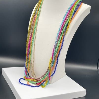 Vintage Multi-Strand Seed Bead Chain Charm Necklace Bohemian Hippie Jewelry - Thumbnail 7
