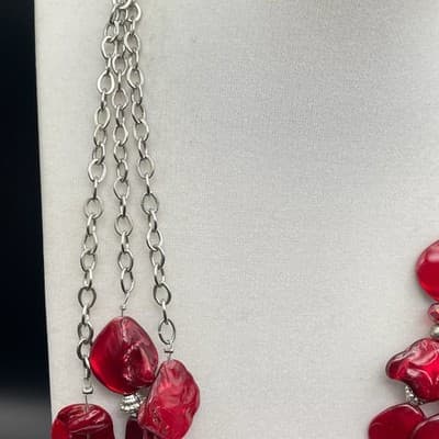Vintage Statement Multi-Strand Red Irregular Resin Bead Necklace Silver Chain - Thumbnail 3