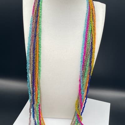 Vintage Multi-Strand Seed Bead Chain Charm Necklace Bohemian Hippie Jewelry - Thumbnail 4