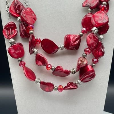 Vintage Statement Multi-Strand Red Irregular Resin Bead Necklace Silver Chain - Thumbnail 5