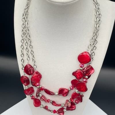 Vintage Statement Multi-Strand Red Irregular Resin Bead Necklace Silver Chain - Thumbnail 8