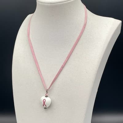 Vinatge Pink Ribbon Porcelain Heart Pendant Necklace Suede Cord Toggle - Thumbnail 5