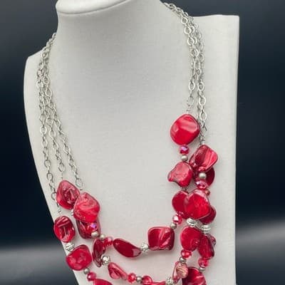 Vintage Statement Multi-Strand Red Irregular Resin Bead Necklace Silver Chain - Thumbnail 6
