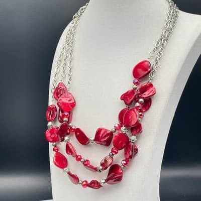 Vintage Statement Multi-Strand Red Irregular Resin Bead Necklace Silver Chain - Thumbnail 9