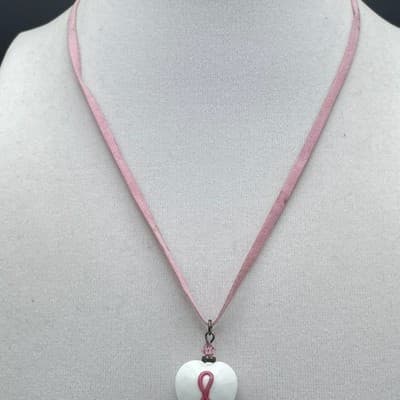 Vinatge Pink Ribbon Porcelain Heart Pendant Necklace Suede Cord Toggle - Thumbnail 4