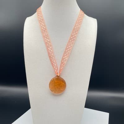 Amber & white swirled round glass pendant necklace on sheer polka dot ribbon - Thumbnail 3