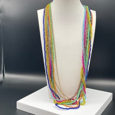 Vintage Multi-Strand Seed Bead Chain Charm Necklace Bohemian Hippie Jewelry - Thumbnail 5