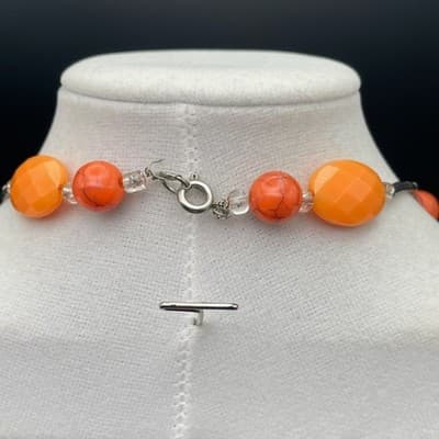 Vintage Long Necklace Orange Acrylic Resin Tube Beads Silver Tone Modern Boho - Thumbnail 9