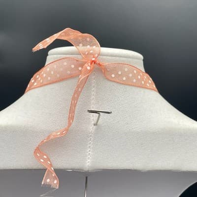 Amber & white swirled round glass pendant necklace on sheer polka dot ribbon - Thumbnail 8