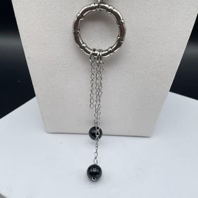 Vintage Silver Tone Black Bead Geometric Pendant Necklace Y2K Statement - Thumbnail 8