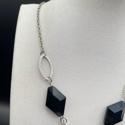 Vintage Silver Tone Black Bead Geometric Pendant Necklace Y2K Statement - Thumbnail 4