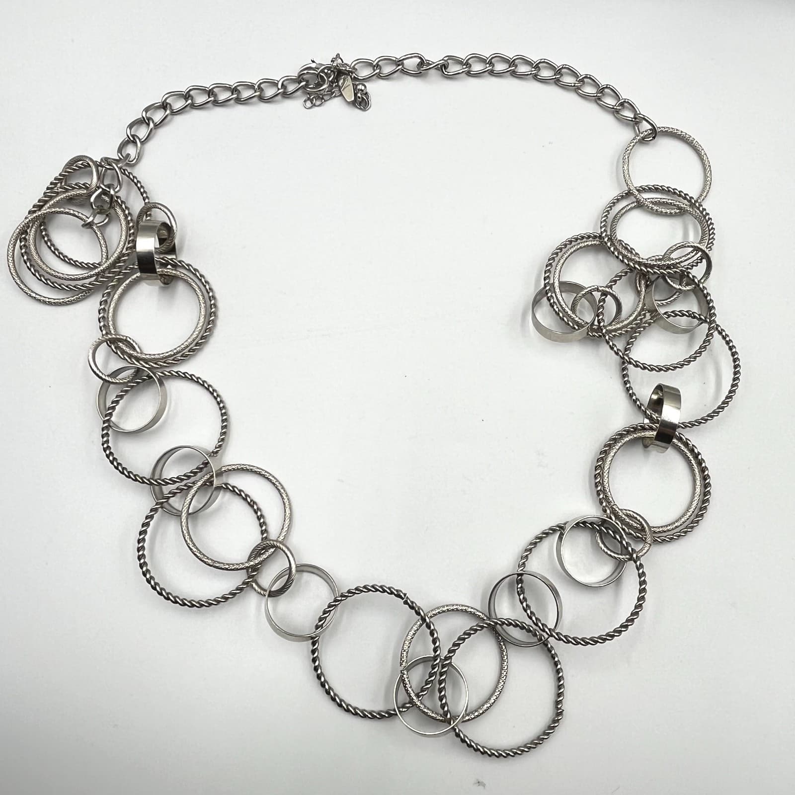 VTG New York & Co. Silver Tone Mixed Textured Multi-Ring Statement Necklace Long - Thumbnail 2