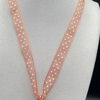 Amber & white swirled round glass pendant necklace on sheer polka dot ribbon - Thumbnail 5