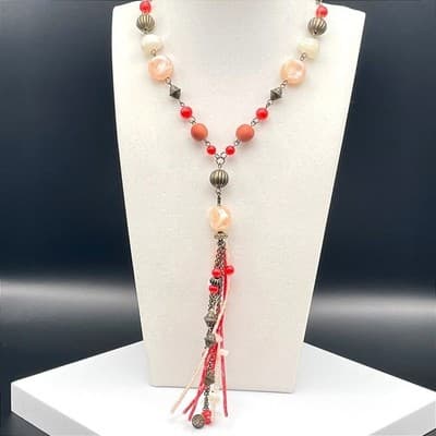 Necklace Vintage Style Beaded Tassel Statement Red Peach Brass Tone Boho 26 In