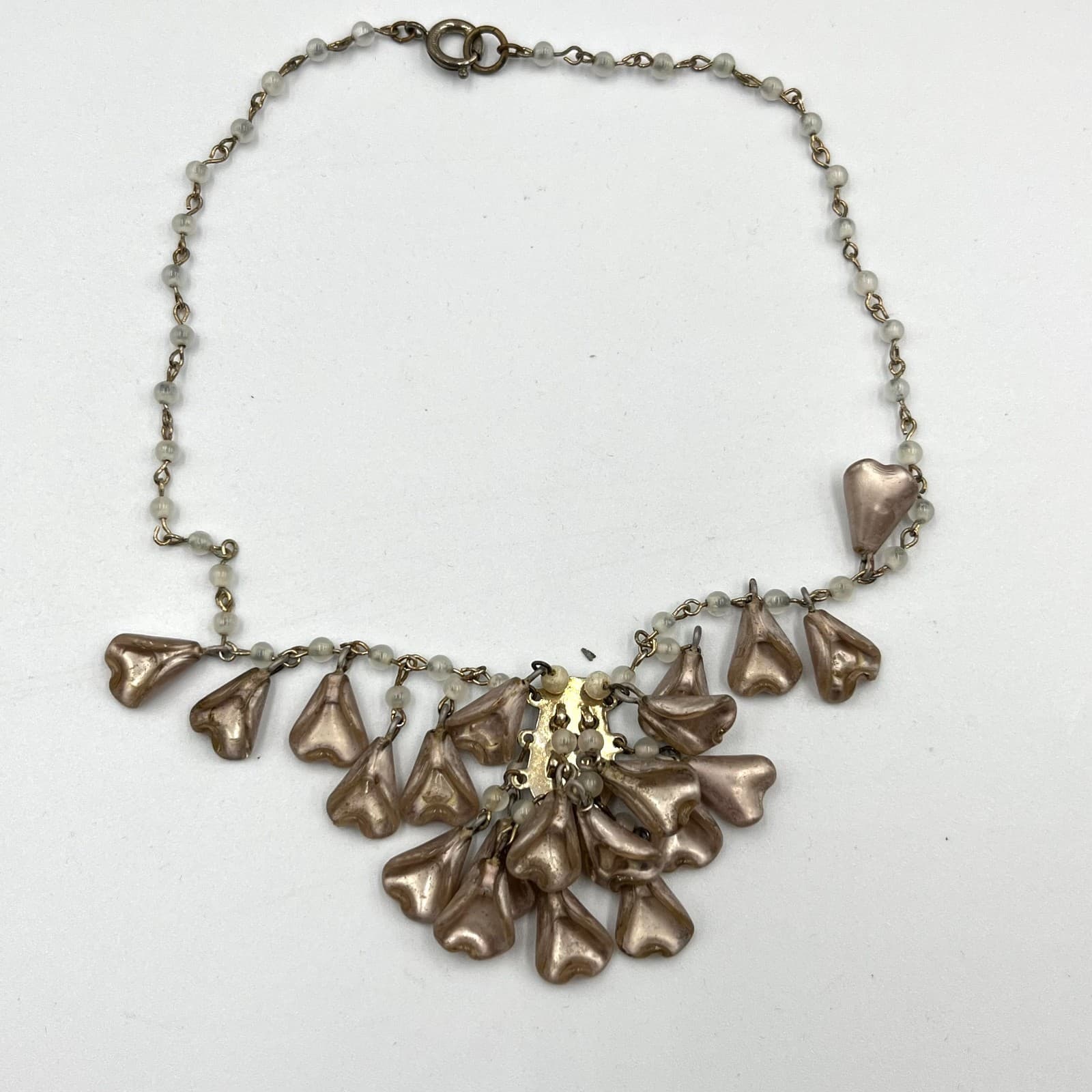 Vintage Rose Gold Tone Waterfall Necklace & Ornate Rose Jewelry Casket Set Retro