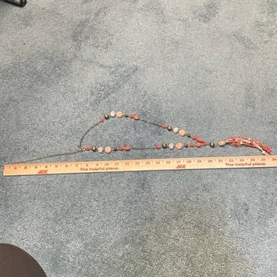 Necklace Vintage Style Beaded Tassel Statement Red Peach Brass Tone Boho 26 In - Thumbnail 2
