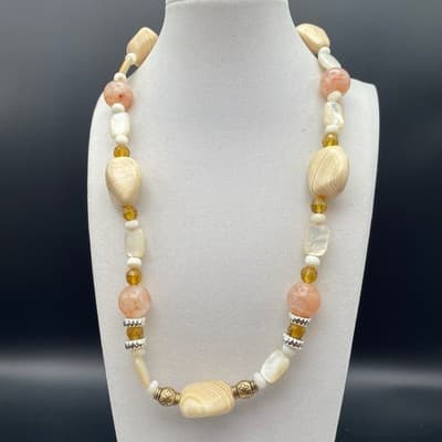 Vintage Statement Wood and Shell Beaded Necklace Accents Bohol Style Jewelry - Thumbnail 2