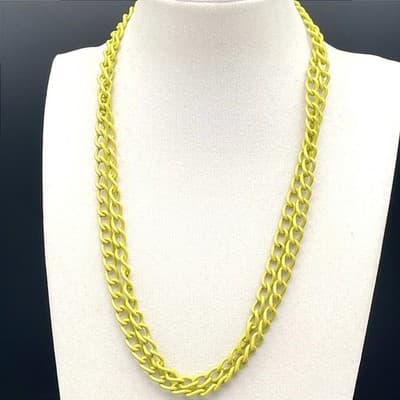 Vintage Double Curb Chain Necklace Neon Yellow Enamel Coated Long Chunky