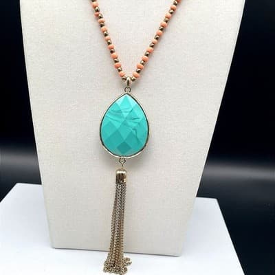 Vintage Beaded coral and gold-tone necklace turquoise teardrop tassel pendant