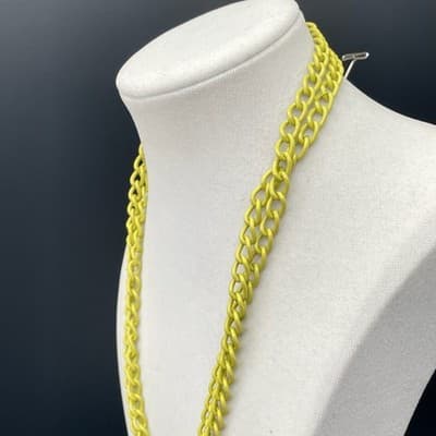 Vintage Double Curb Chain Necklace Neon Yellow Enamel Coated Long Chunky - Thumbnail 6