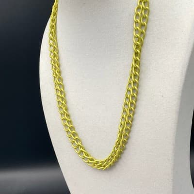Vintage Double Curb Chain Necklace Neon Yellow Enamel Coated Long Chunky - Thumbnail 5